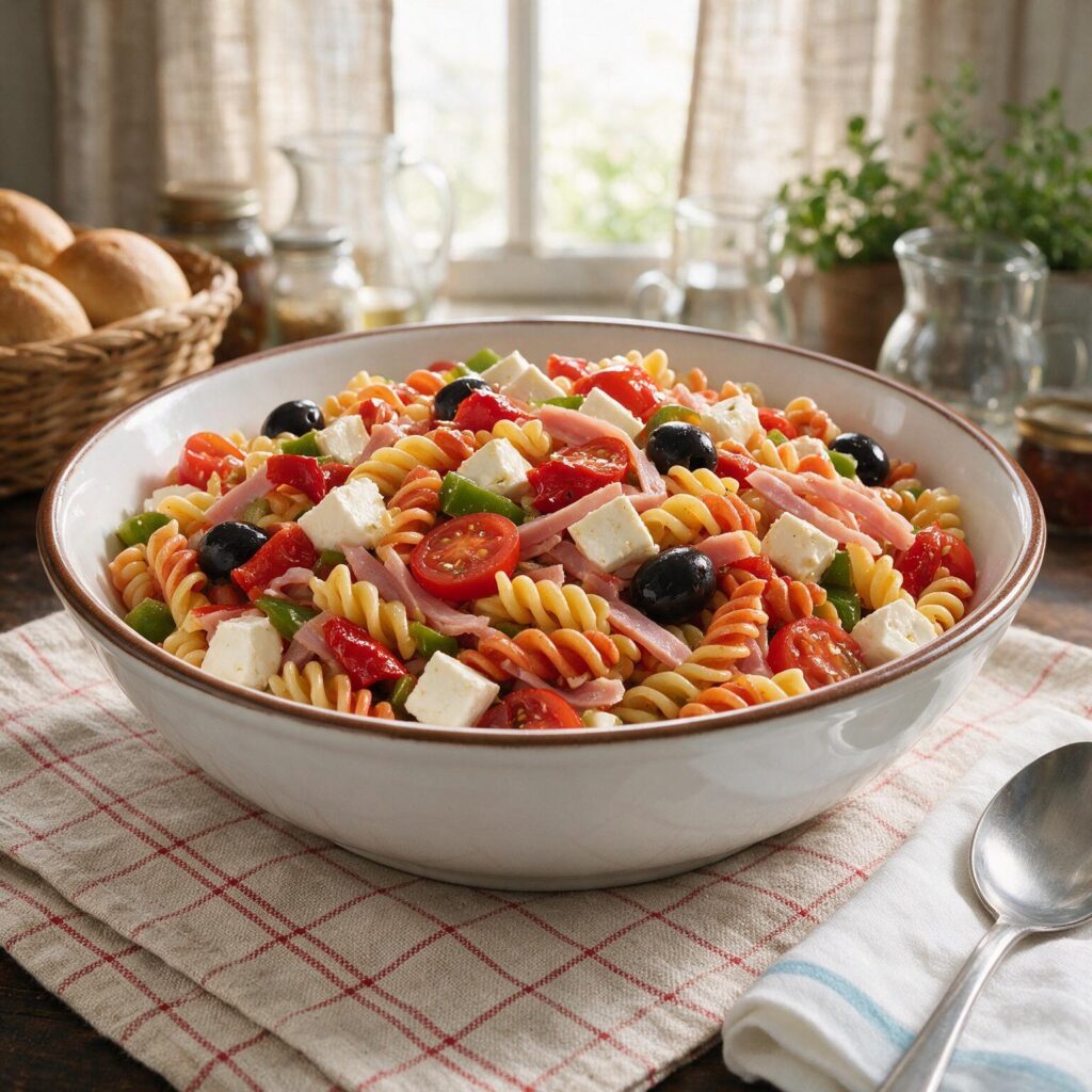 Receta de ensalada de pasta fría con tomate, atún, maíz, aceitunas y queso
