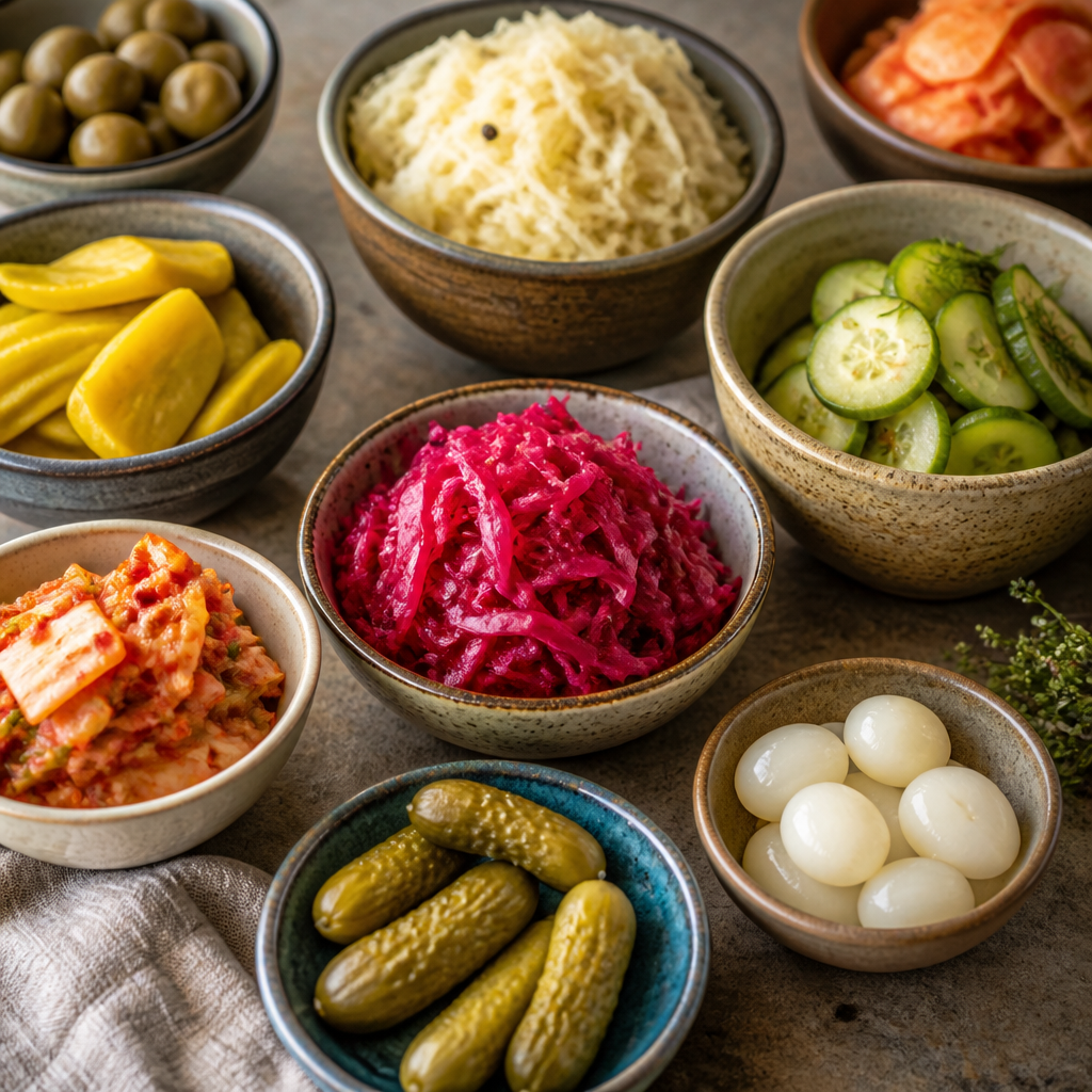Tarros de encurtidos y alimentos fermentados con aceitunas, pepinillos y verduras